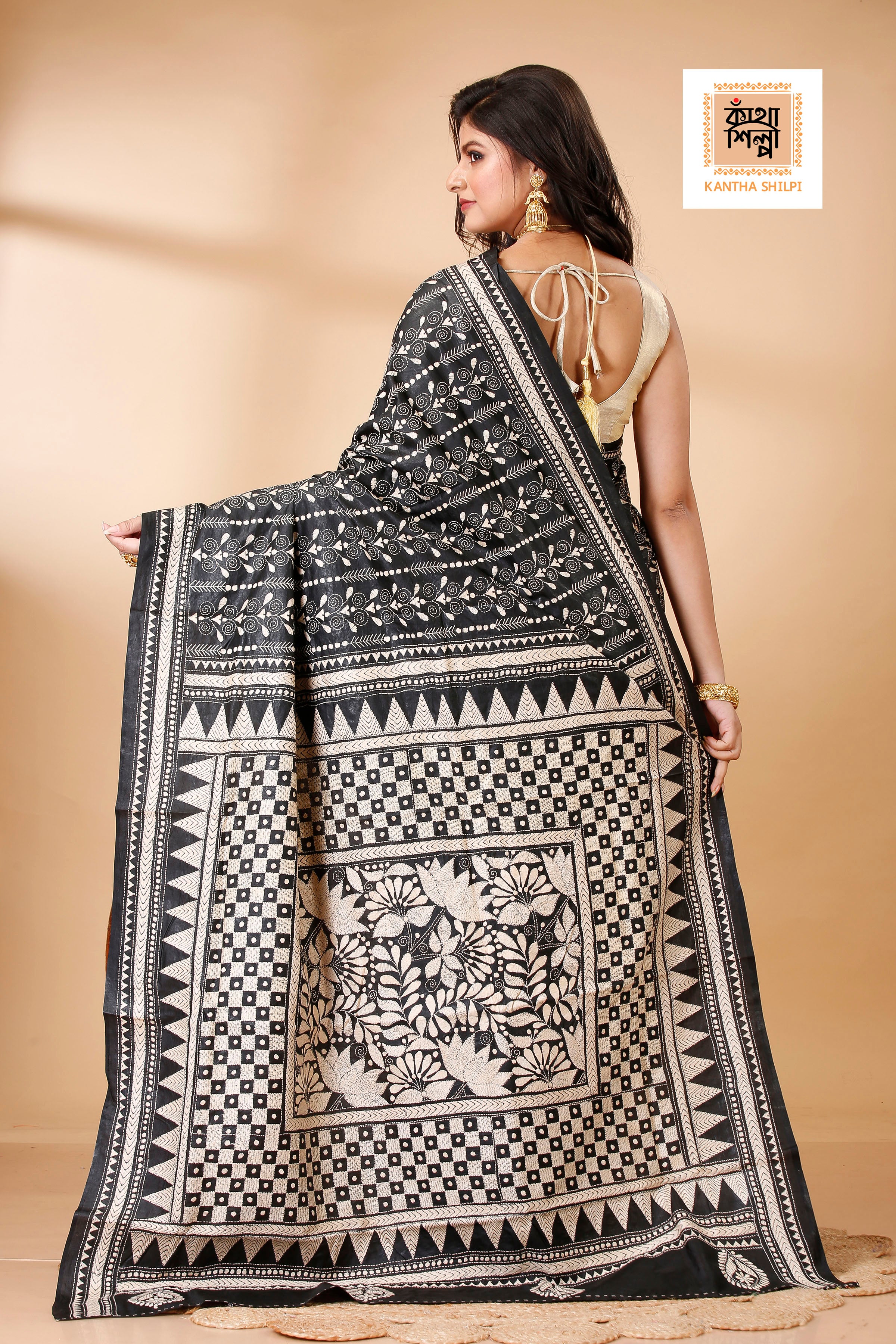 Pure Bangalore Silk Single Color Thread Work Geometric and Traditional Design Kantha Stitch Saree