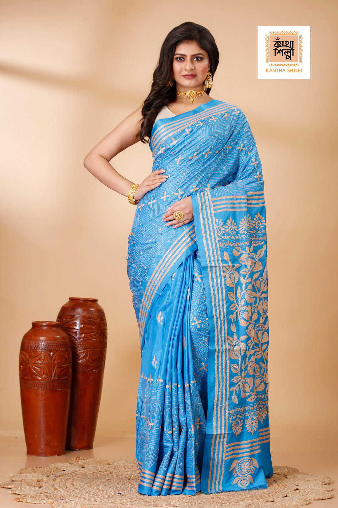 Bangalore Silk Single Thread Work Floral Motif Kantha Stitch Saree