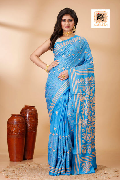 Bangalore Silk Single Thread Work Floral Motif Kantha Stitch Saree