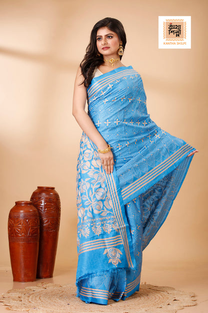 Bangalore Silk Single Thread Work Floral Motif Kantha Stitch Saree
