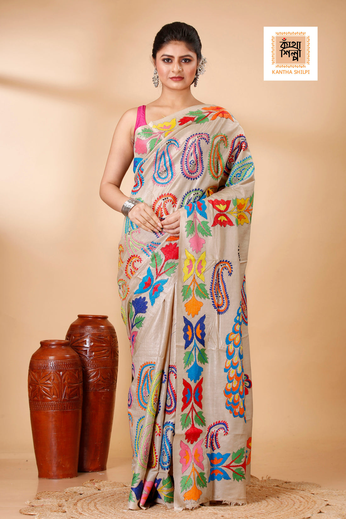 Beige Color Pure Gachi Tussar Multi color Thread Peacock and Kalka Design Kantha Stitch Saree