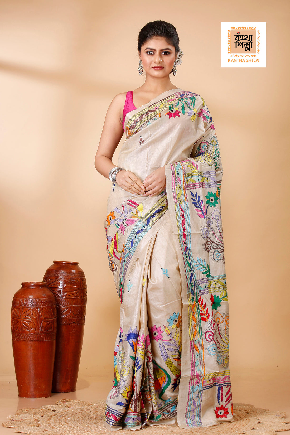 Beige Color Pure Gachi Tussar Multicolor Thread Peacock and Floral Design Kantha Stitch Saree