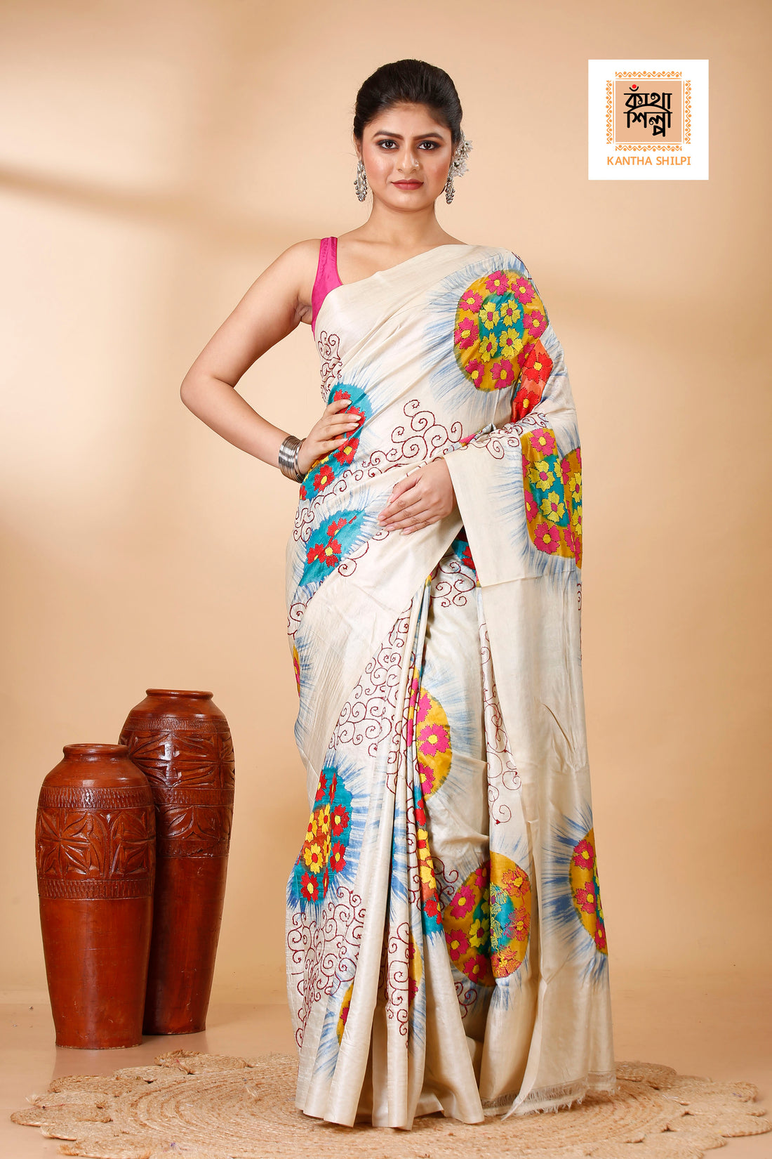 Gachi Tussar Multicolor Thread Work Abstract Line and Sunrising Flower Motif Kantha Stitch Saree