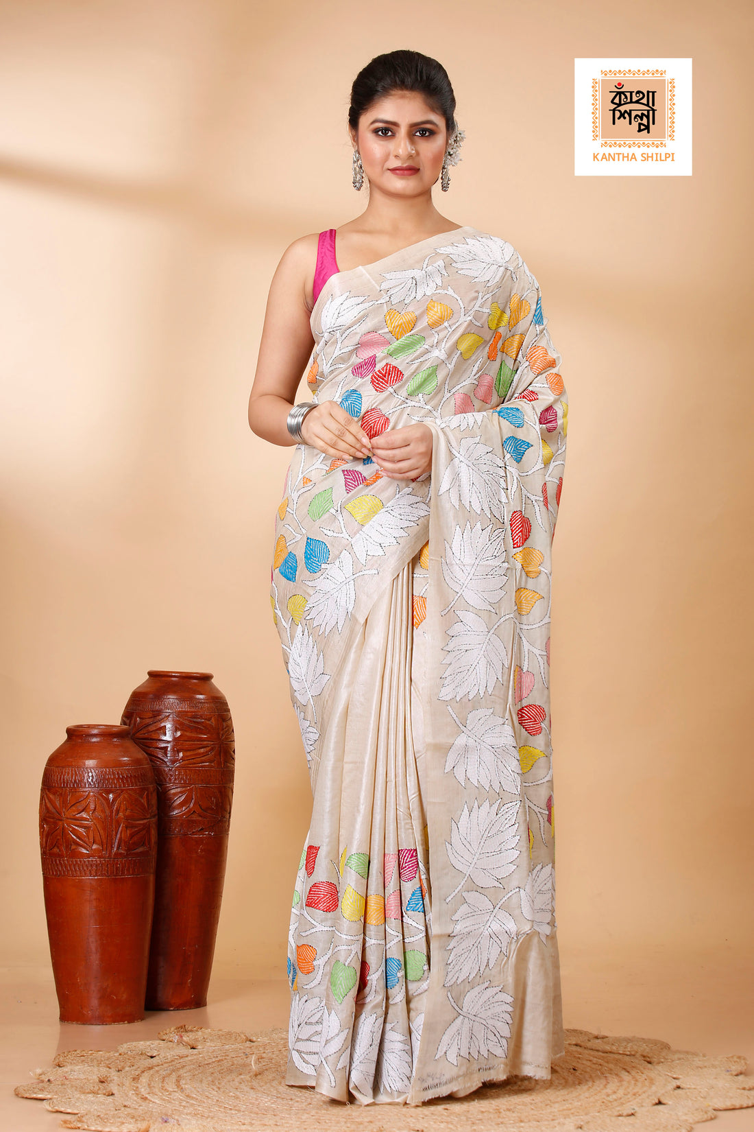 Gachi Tussar Multicolor Thread Work Leaf and Foliage Design Kantha Stitch Saree