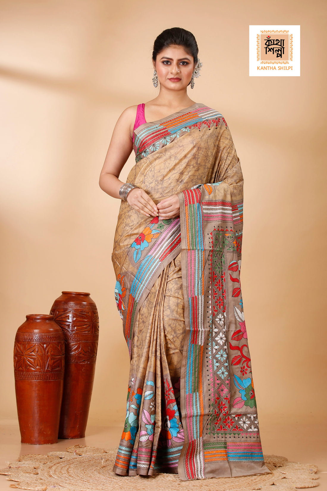 Bangalore Silk Multicolor Thread Work and Hand Batik Kantha Stitch Saree