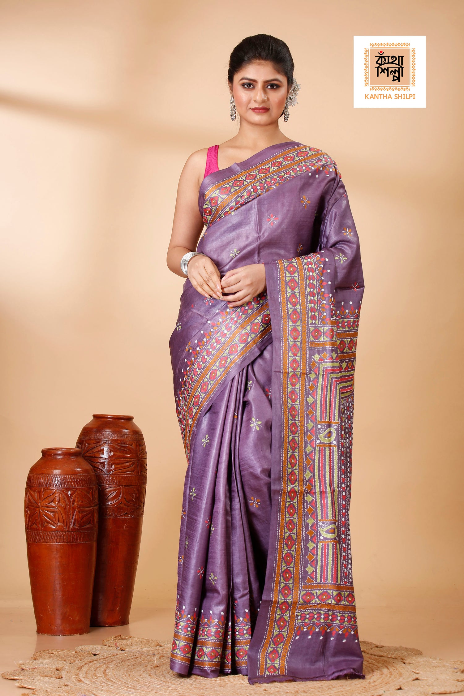 Mauve Dye Tussar Multicolor Thread Work Geometric Kantha Stitch Saree