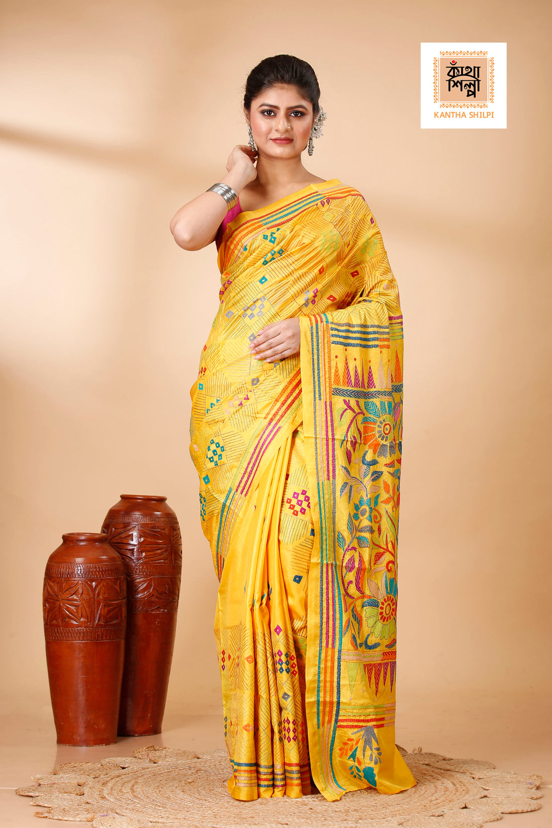 Bangalore Silk Multicolor Thread Work Floral and Geometric Motif Kantha Stitch Saree