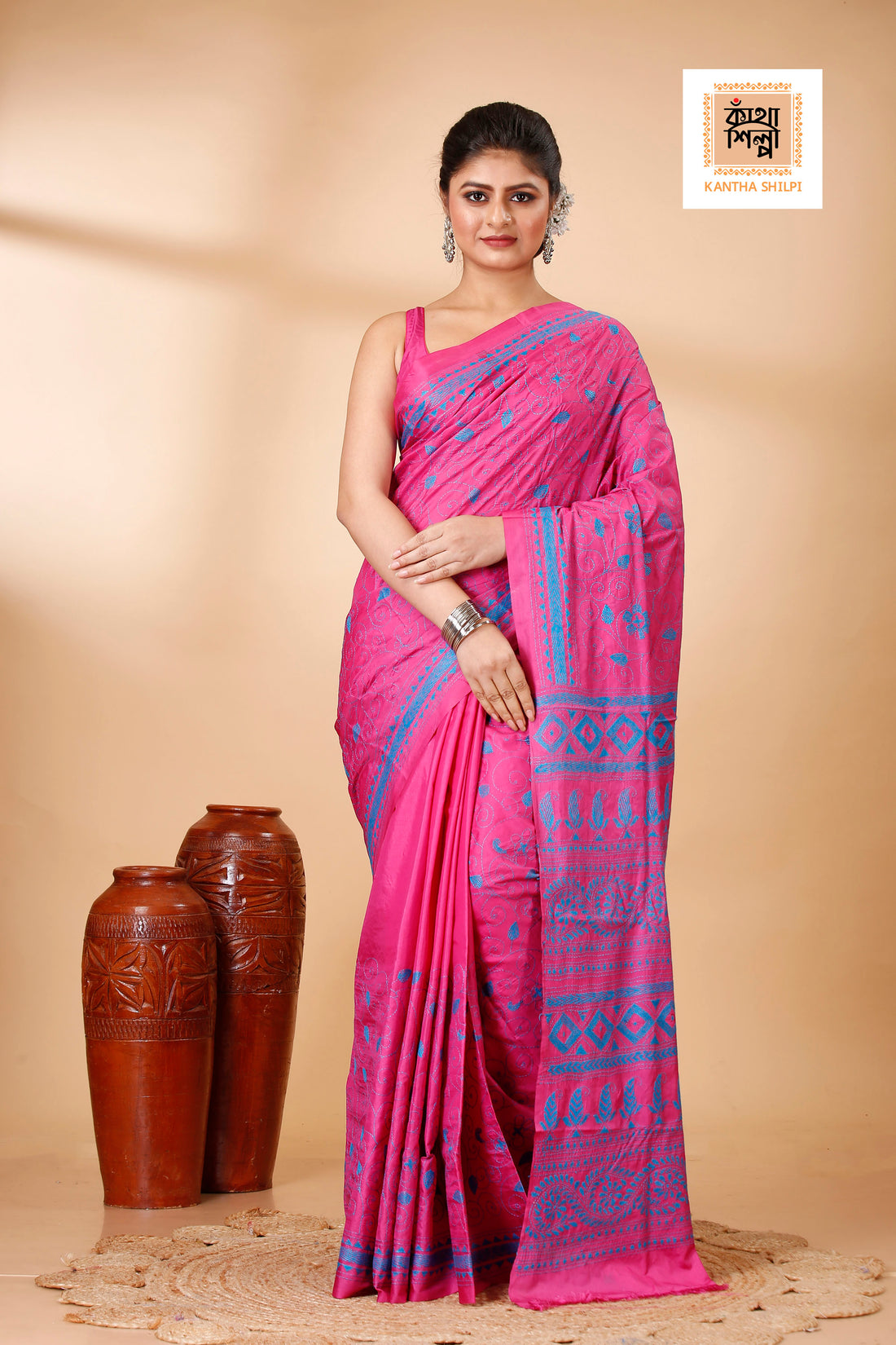 Bangalore Silk Single Color Thread Work Abstract Floral Design Kantha Stitch Saree