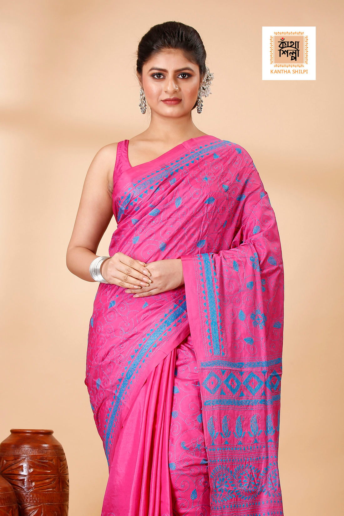 Bangalore Silk Single Color Thread Work Abstract Floral Design Kantha Stitch Saree