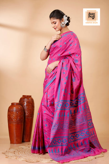 Bangalore Silk Single Color Thread Work Abstract Floral Design Kantha Stitch Saree