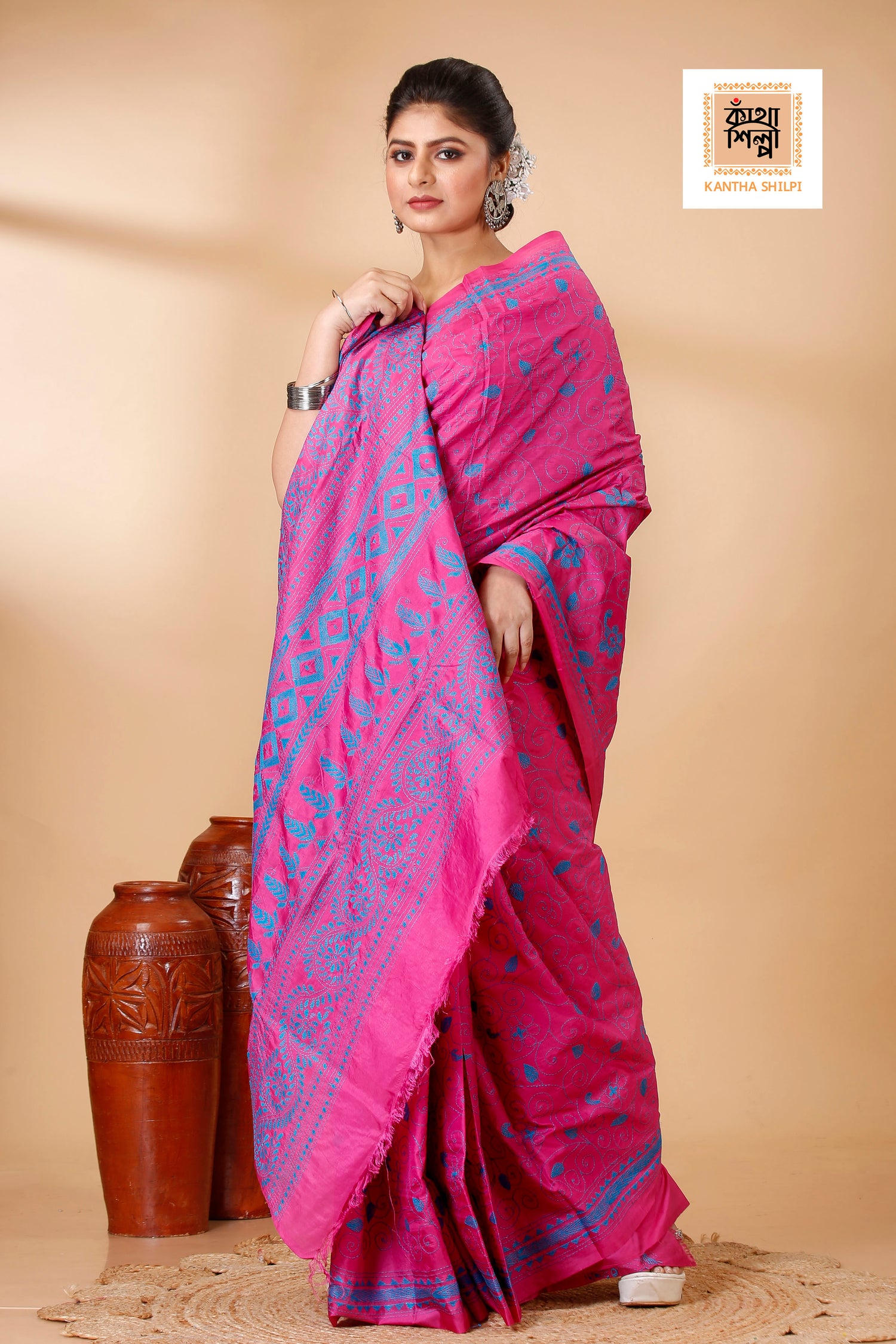 Bangalore Silk Single Color Thread Work Abstract Floral Design Kantha Stitch Saree