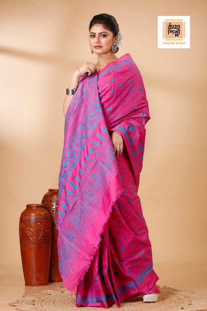 Bangalore Silk Single Color Thread Work Abstract Floral Design Kantha Stitch Saree