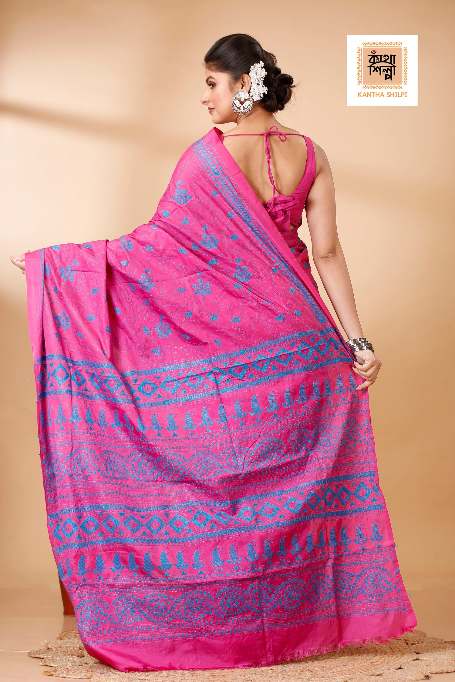 Bangalore Silk Single Color Thread Work Abstract Floral Design Kantha Stitch Saree