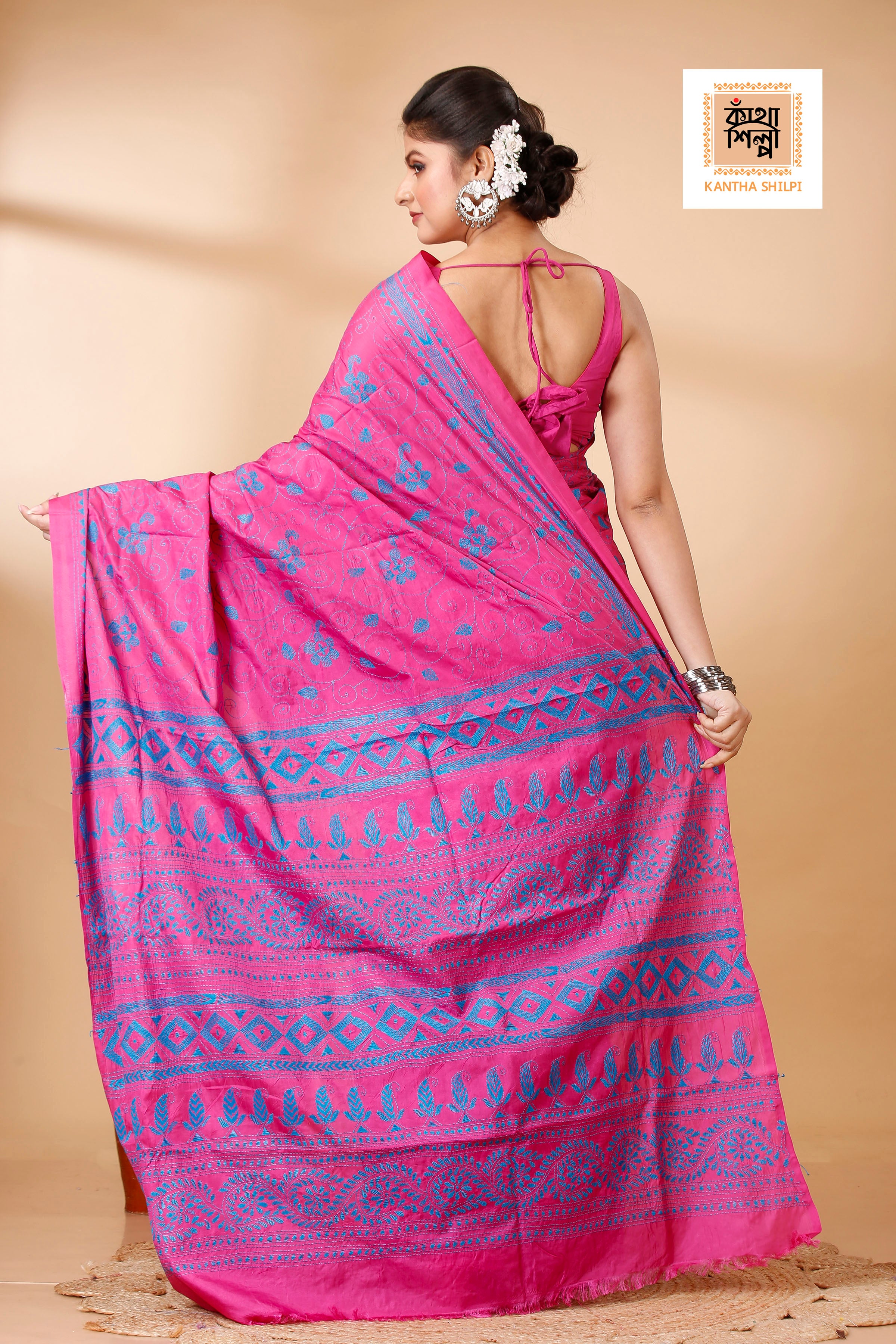 Bangalore Silk Single Color Thread Work Abstract Floral Design Kantha Stitch Saree