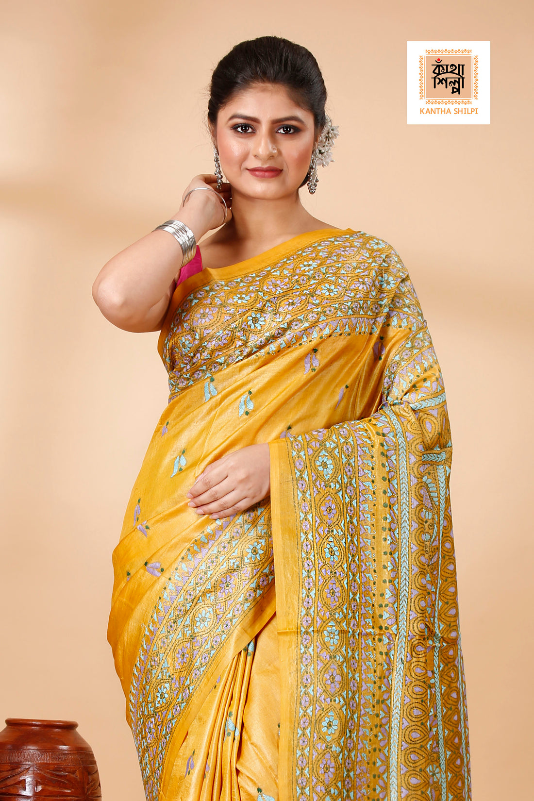 Mustard-Yellow Dye Tussar Tricolor Thread Work Kantha Stitch Saree