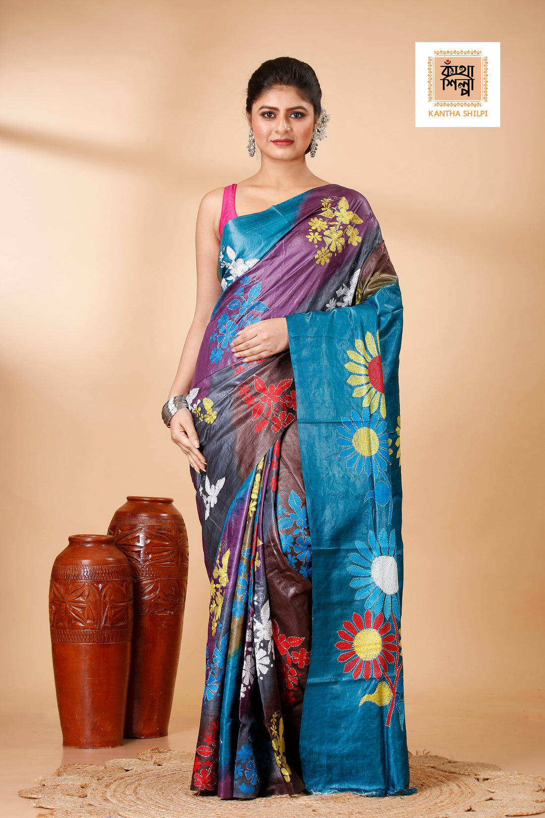 Multicolor Dye Tussar Multicolor Thread Work Kantha Stitch Saree