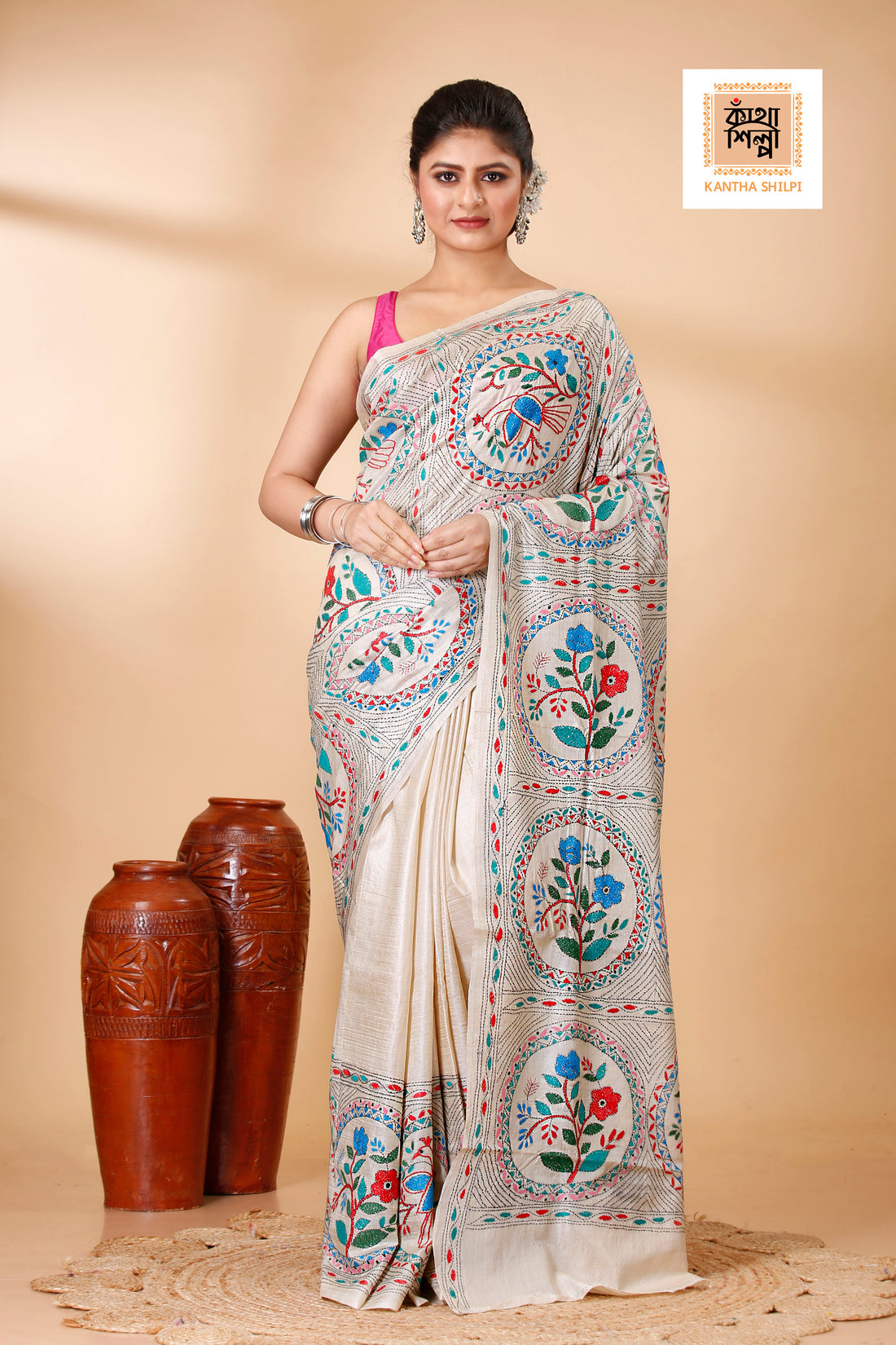 Gachi Tussar Multicolor Thread Work Nokshi Pattern and Creeper flower and Bird Design Kantha Stitch Saree