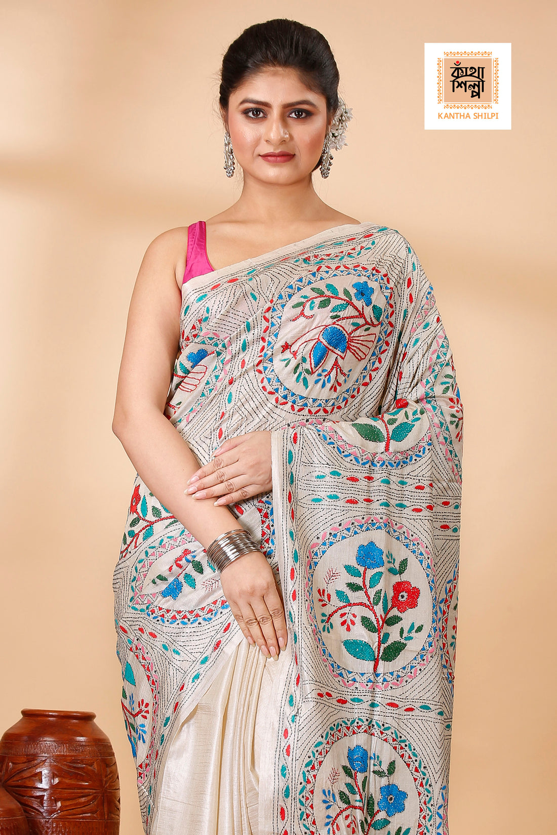 Gachi Tussar Multicolor Thread Work Nokshi Pattern and Creeper flower and Bird Design Kantha Stitch Saree