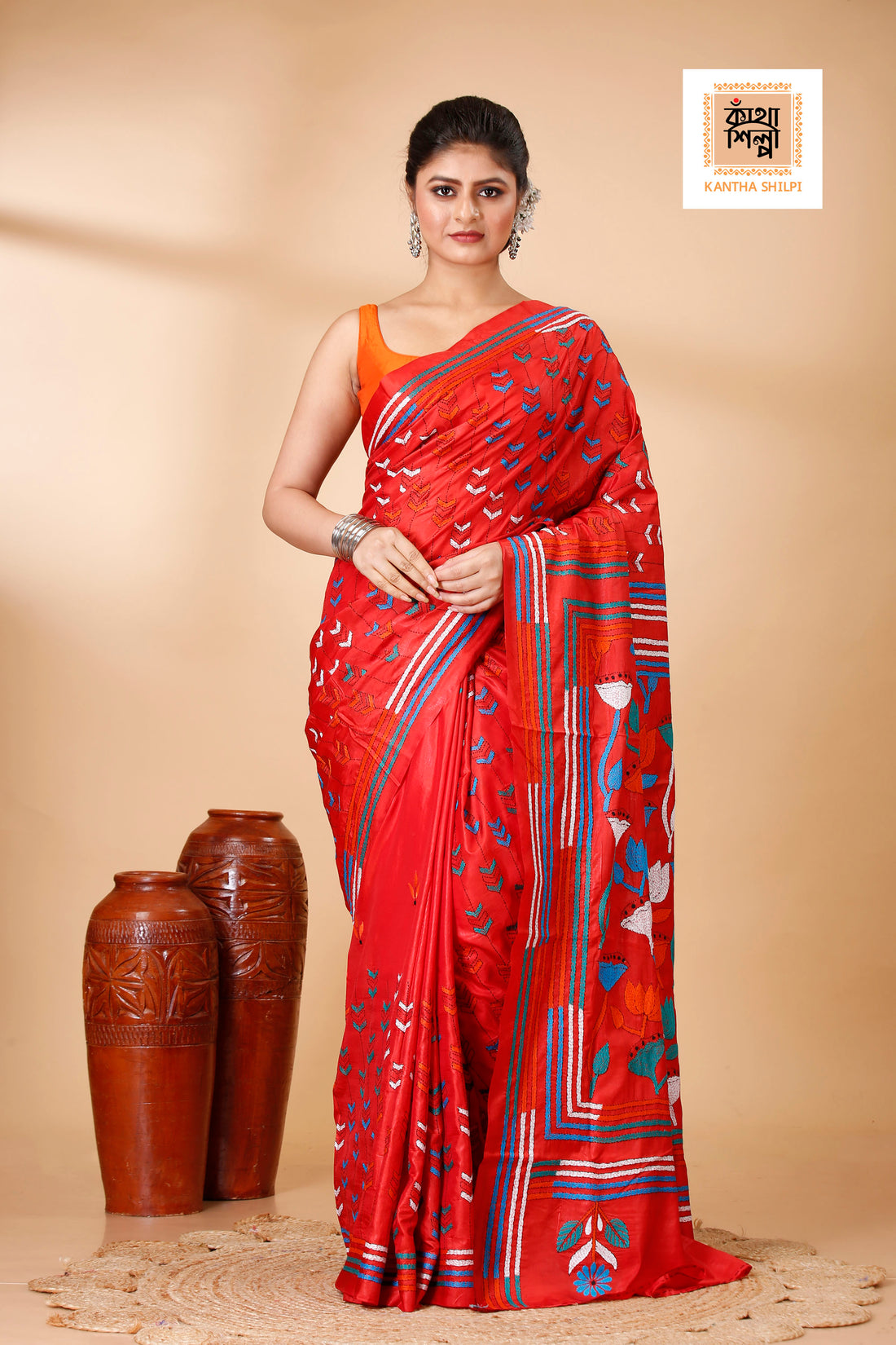 Bangalore Silk Multicolor Thread Work Lotus Design Kantha Stitch Saree