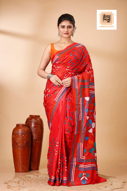 Bangalore Silk Multicolor Thread Work Lotus Design Kantha Stitch Saree