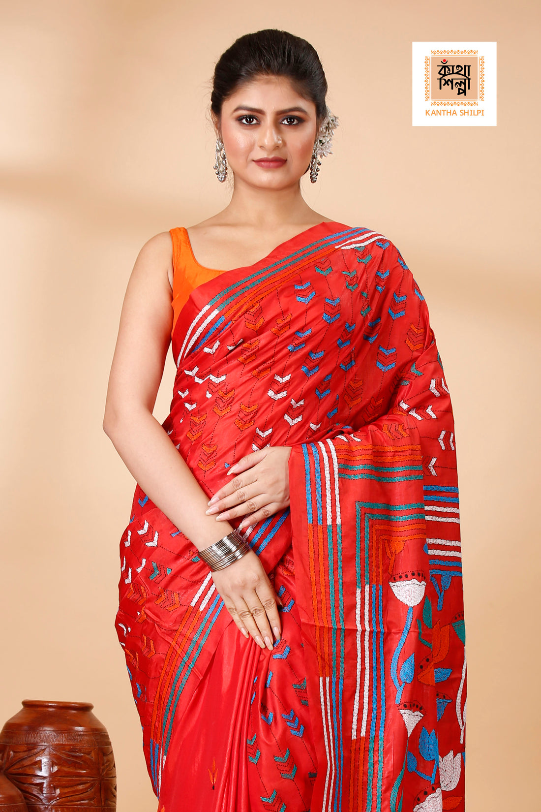 Bangalore Silk Multicolor Thread Work Lotus Design Kantha Stitch Saree
