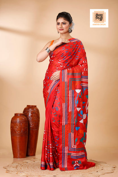 Bangalore Silk Multicolor Thread Work Lotus Design Kantha Stitch Saree