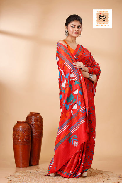 Bangalore Silk Multicolor Thread Work Lotus Design Kantha Stitch Saree