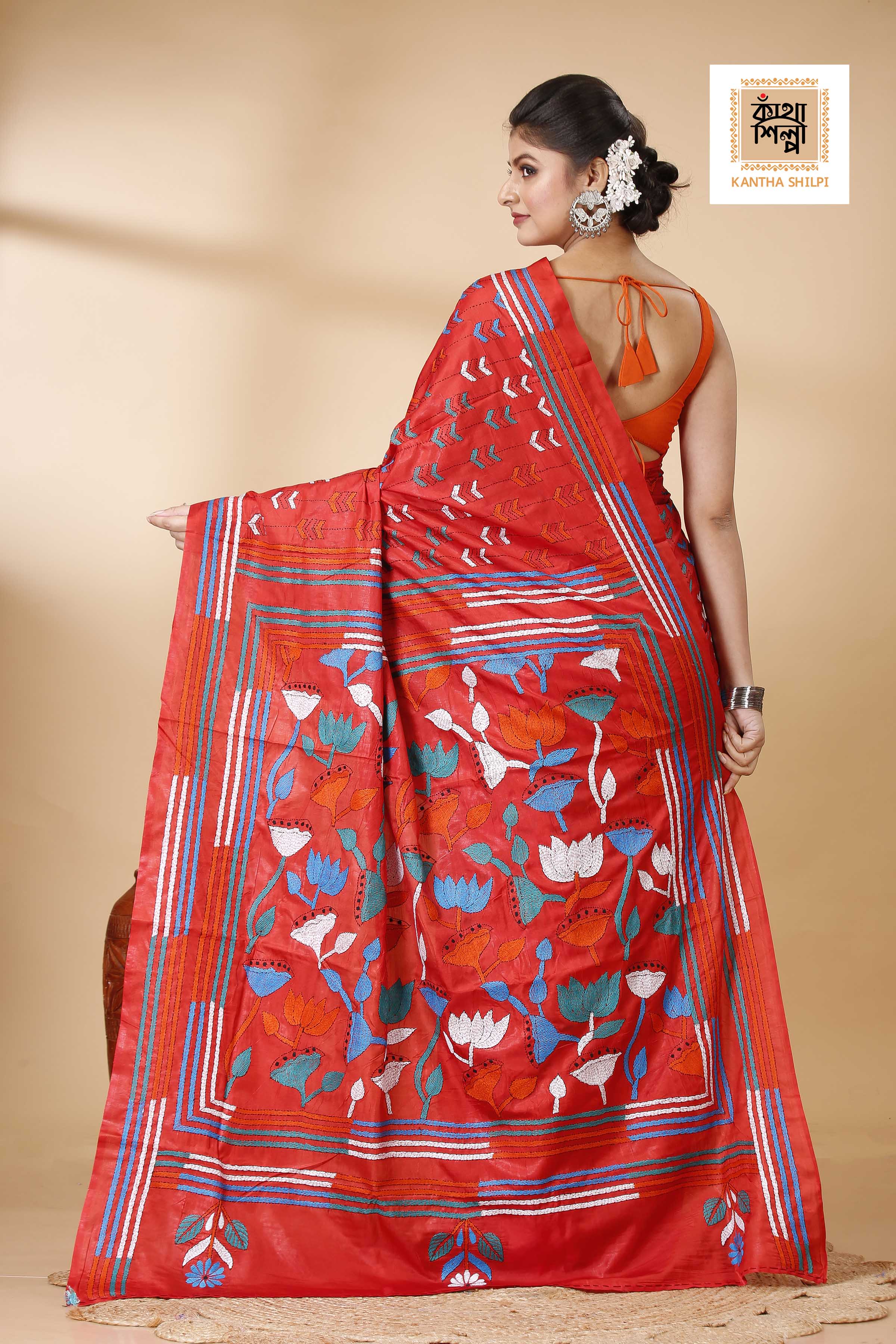 Bangalore Silk Multicolor Thread Work Lotus Design Kantha Stitch Saree
