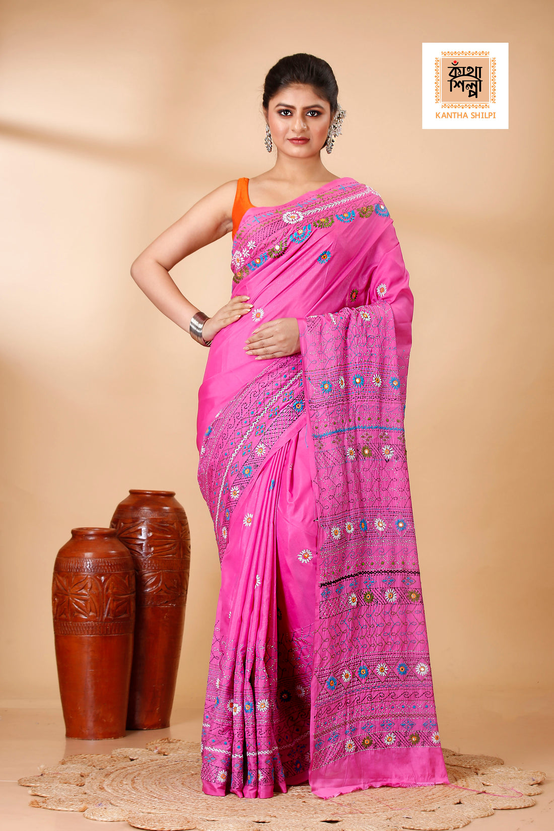 Bangalore Silk Multicolor Thread Work Traditional Kantha Stitch Saree