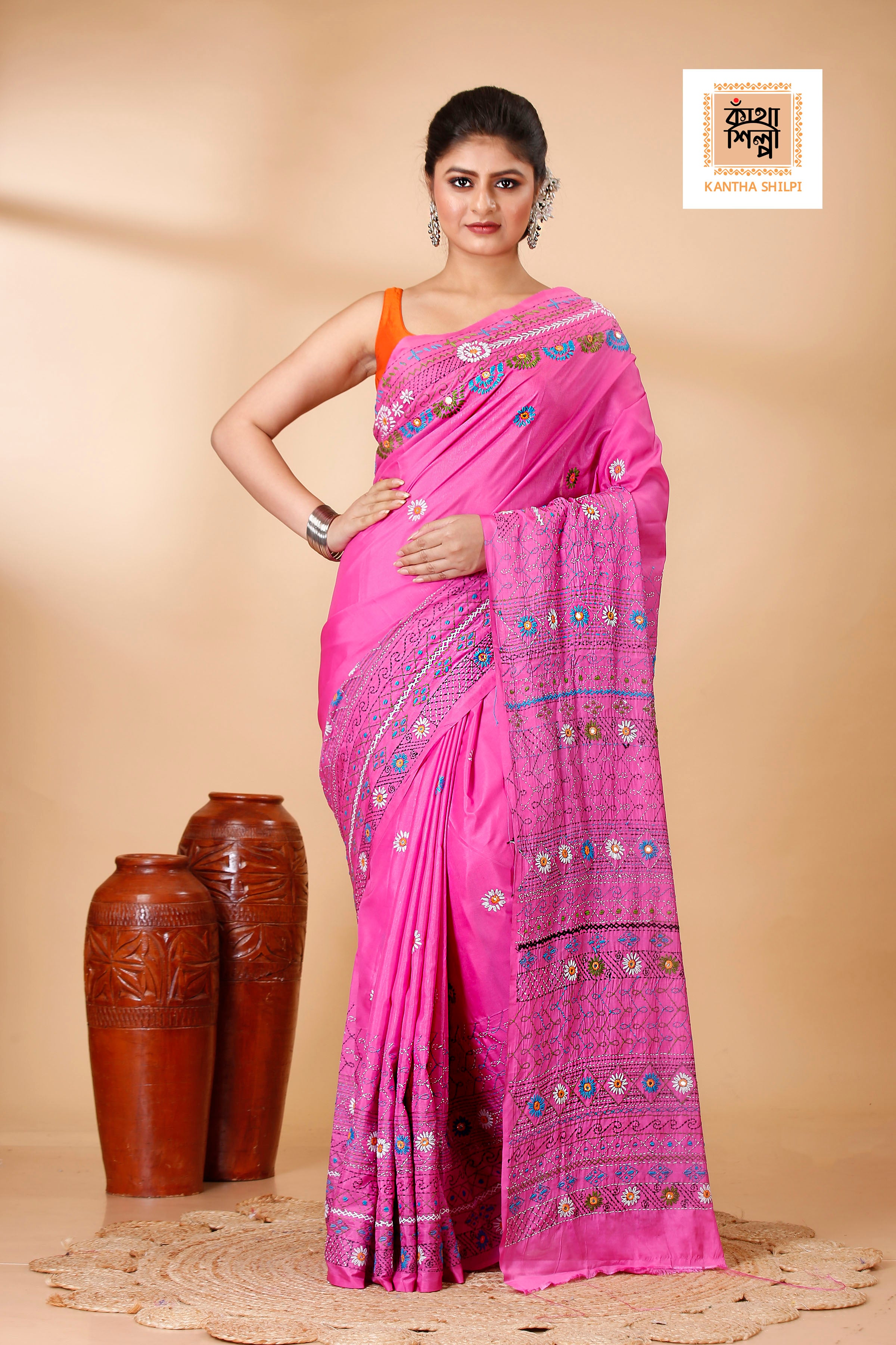 Bangalore Silk Multicolor Thread Work Traditional Kantha Stitch Saree