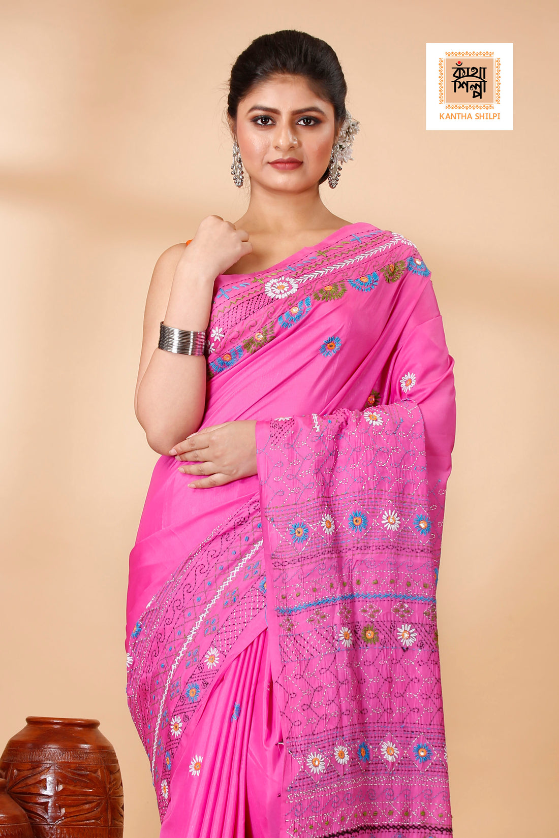 Bangalore Silk Multicolor Thread Work Traditional Kantha Stitch Saree