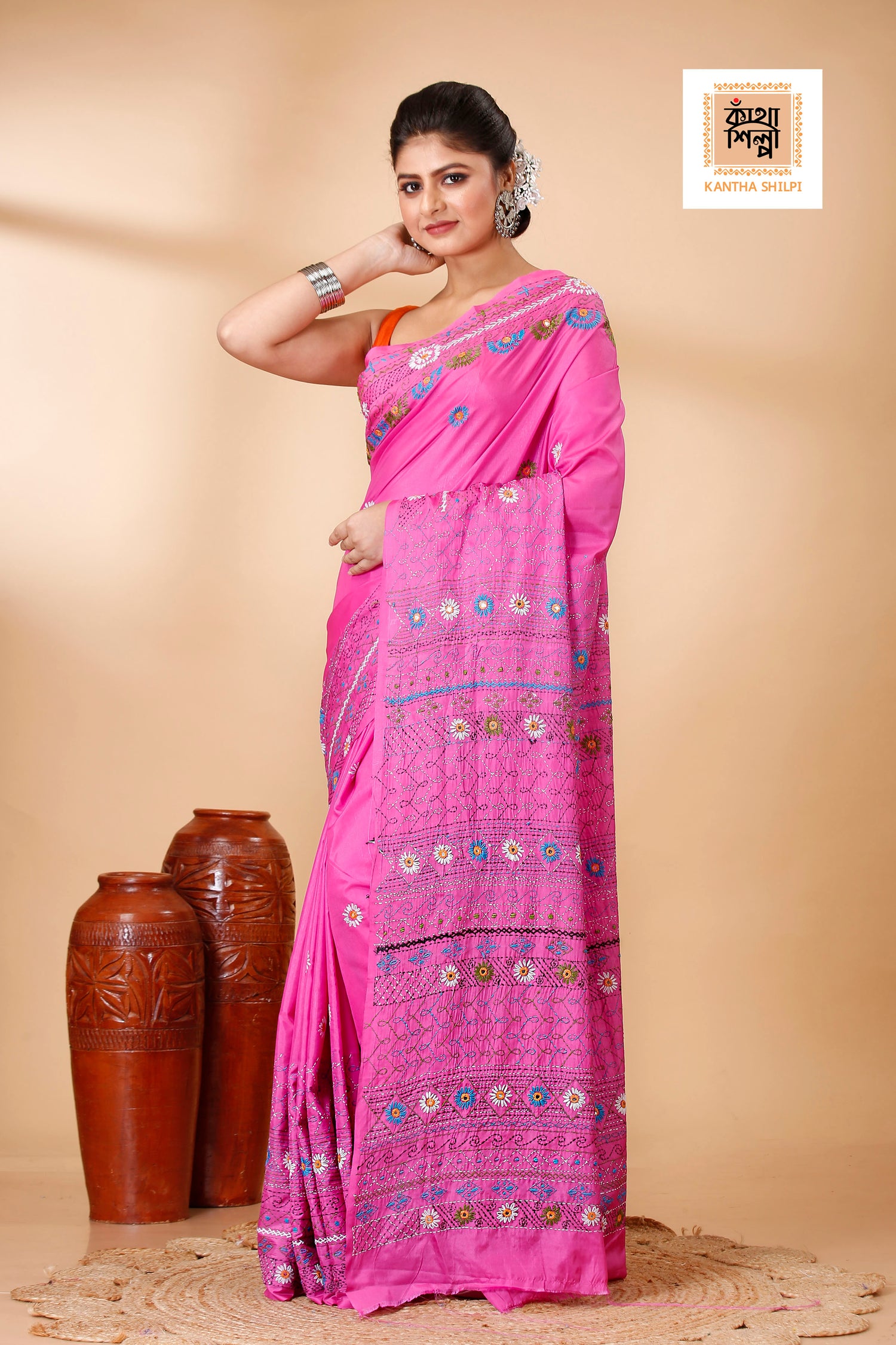Bangalore Silk Multicolor Thread Work Traditional Kantha Stitch Saree