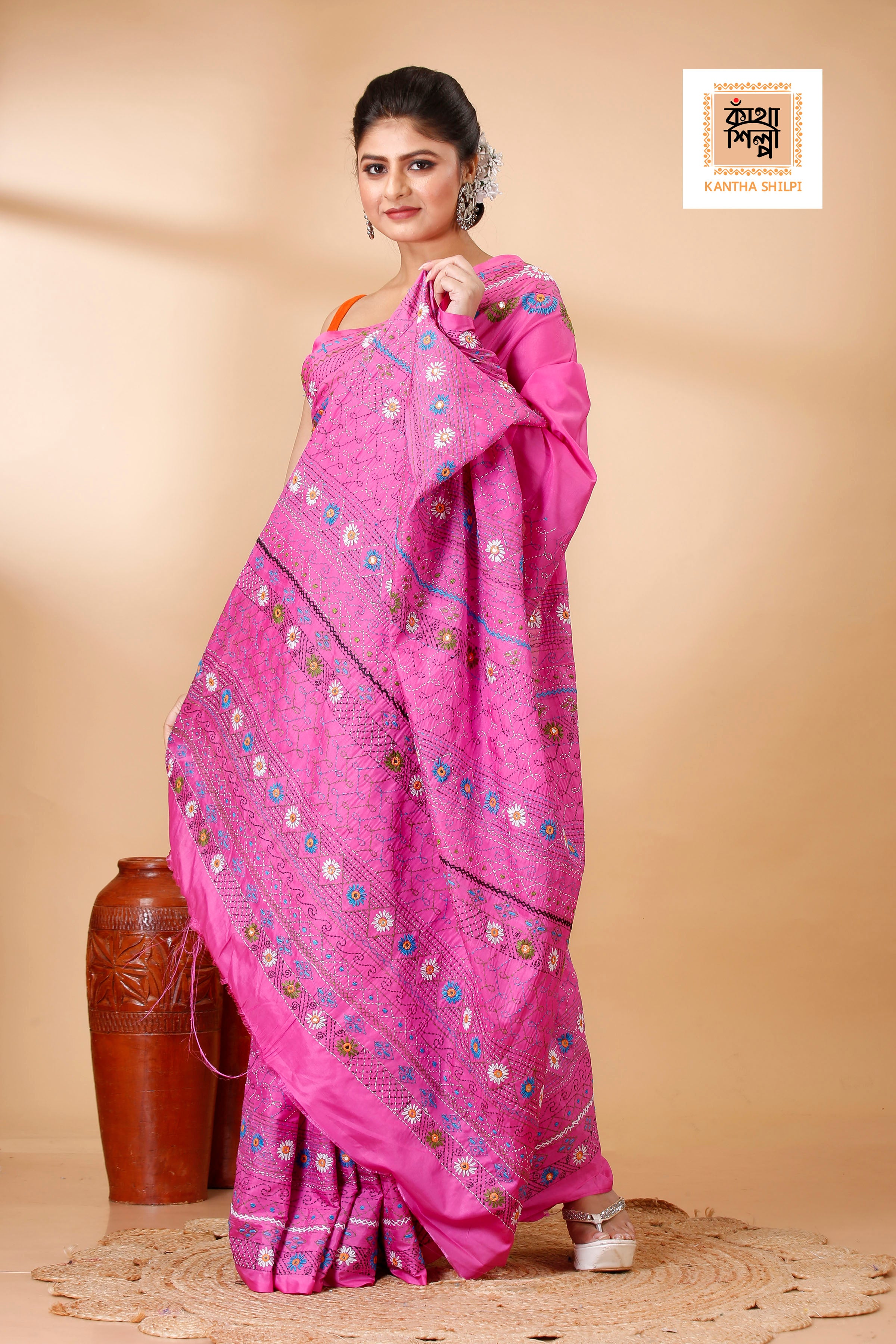 Bangalore Silk Multicolor Thread Work Traditional Kantha Stitch Saree
