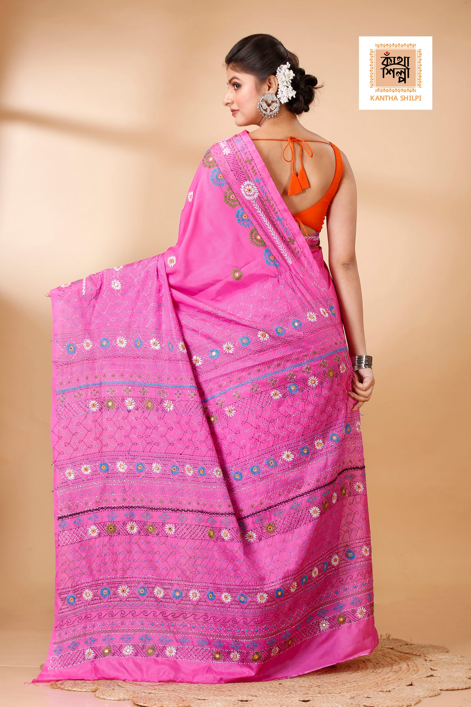 Bangalore Silk Multicolor Thread Work Traditional Kantha Stitch Saree