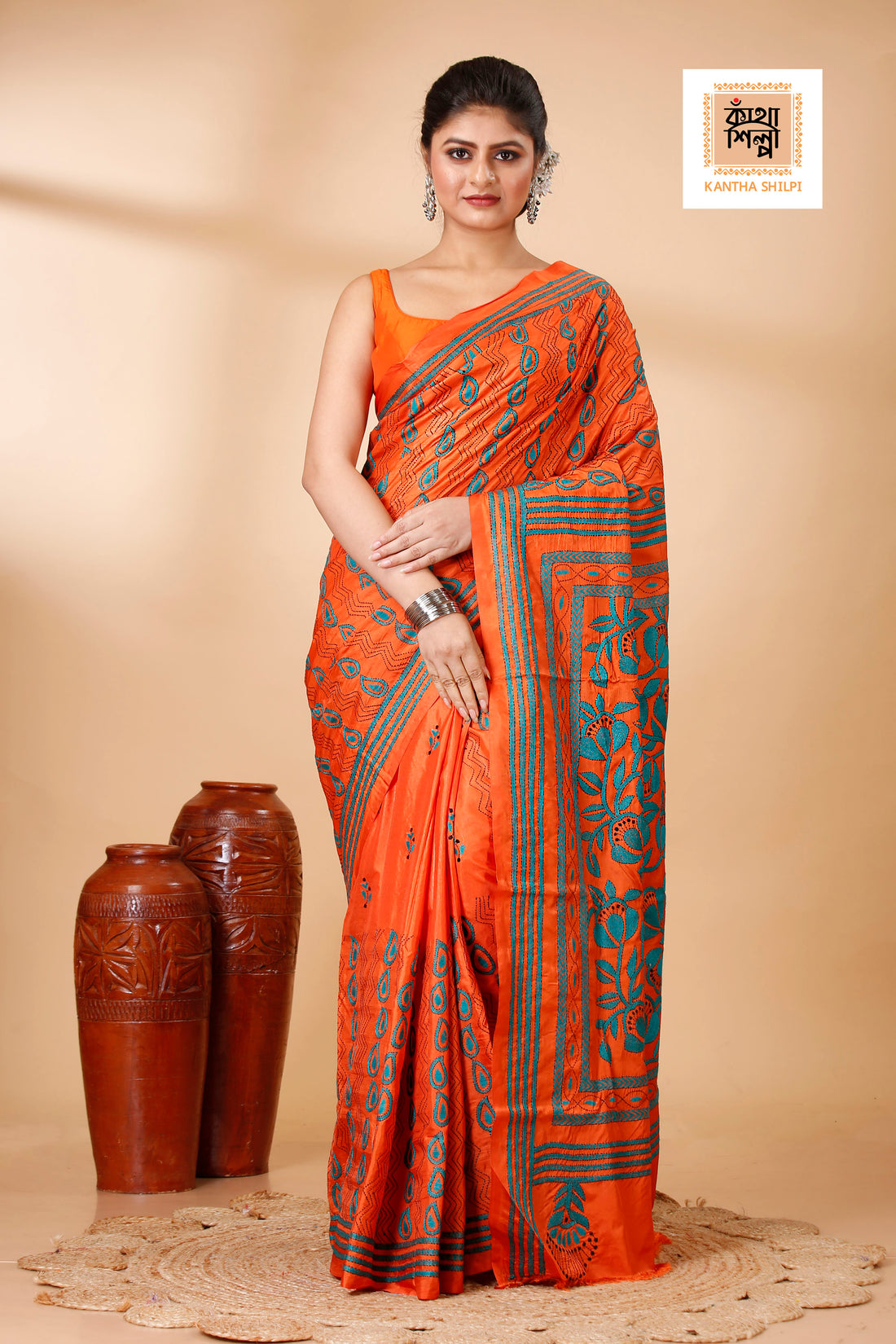 Bangalore Silk Single Thread Work Floral Motif Kantha Stitch Saree