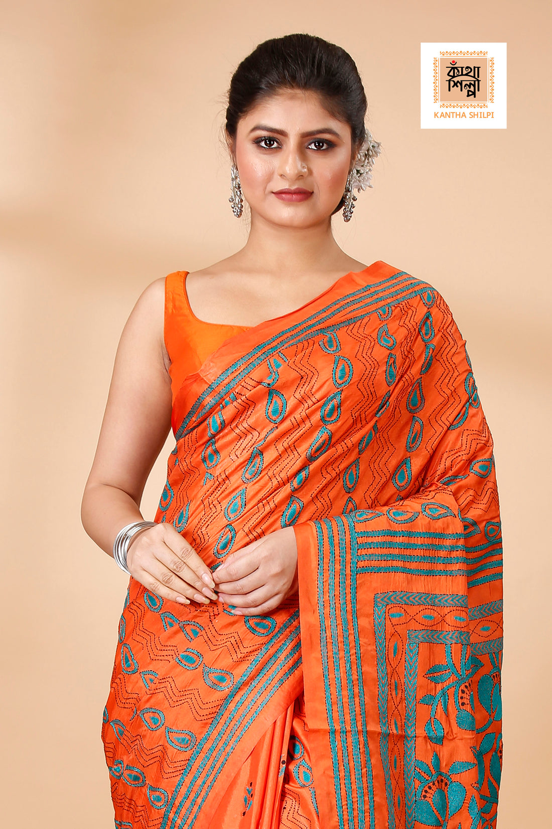 Bangalore Silk Single Thread Work Floral Motif Kantha Stitch Saree