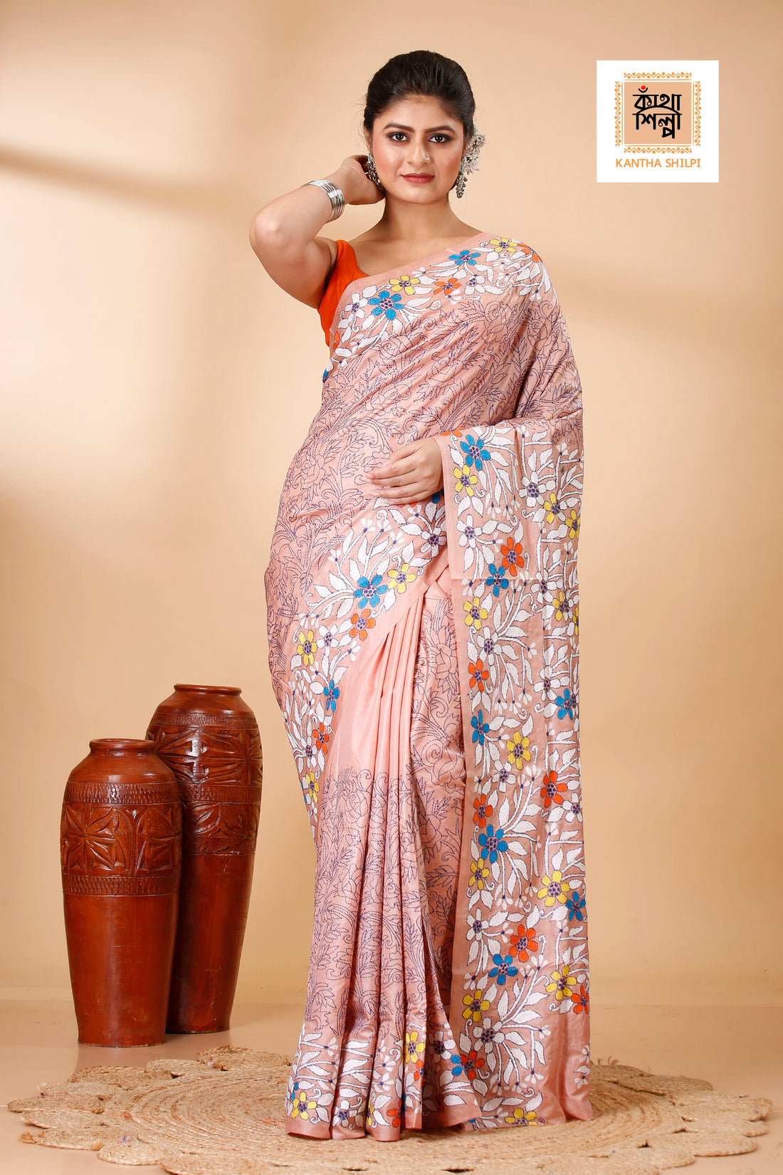 Pure Bangalore Silk Multicolor Thread Work Floral Motif Kantha Stitch Saree