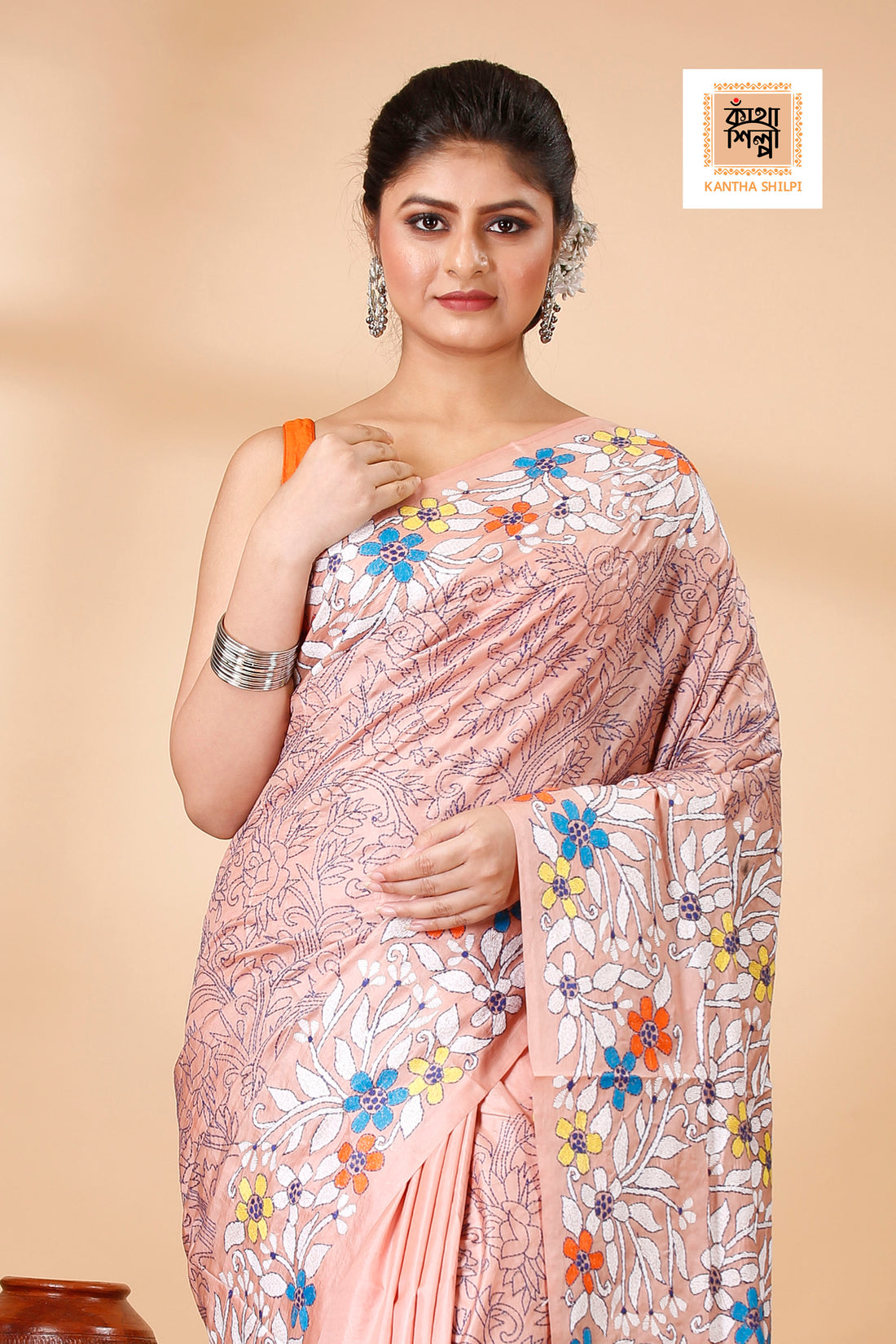 Pure Bangalore Silk Multicolor Thread Work Floral Motif Kantha Stitch Saree