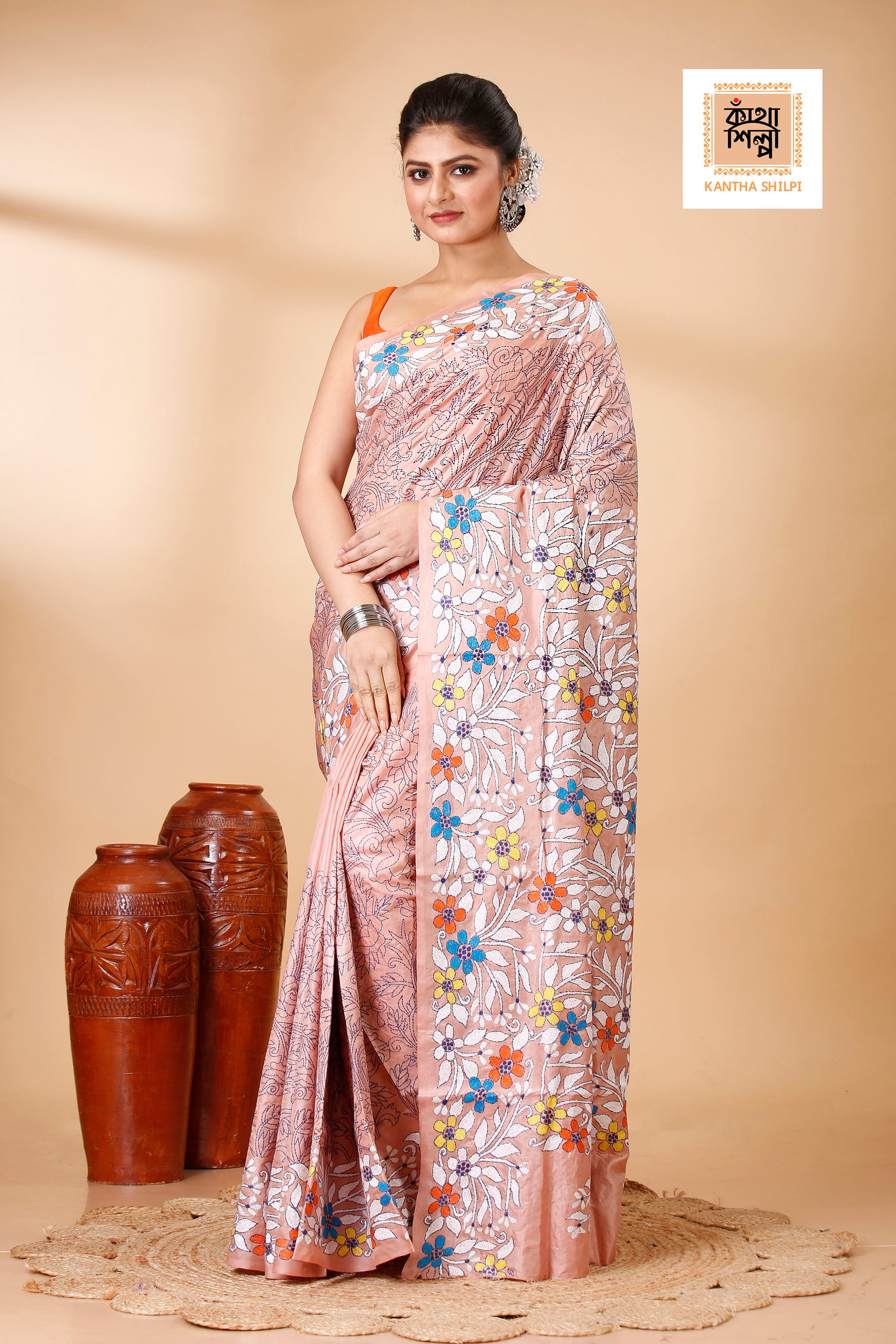 Pure Bangalore Silk Multicolor Thread Work Floral Motif Kantha Stitch Saree