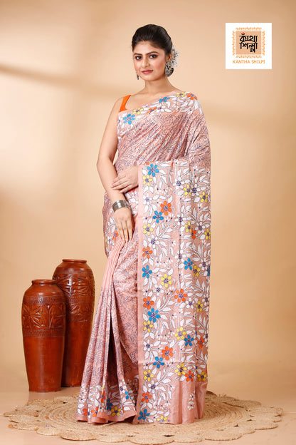 Pure Bangalore Silk Multicolor Thread Work Floral Motif Kantha Stitch Saree