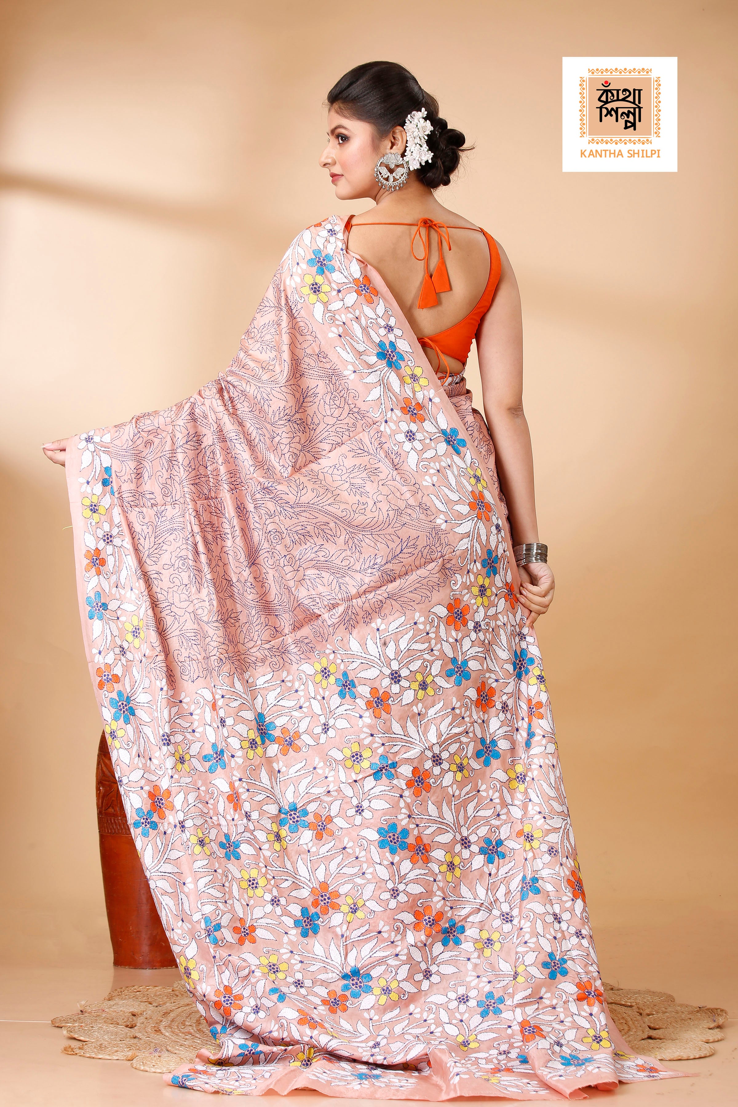 Pure Bangalore Silk Multicolor Thread Work Floral Motif Kantha Stitch Saree
