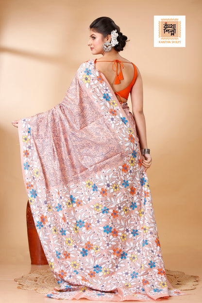 Pure Bangalore Silk Multicolor Thread Work Floral Motif Kantha Stitch Saree