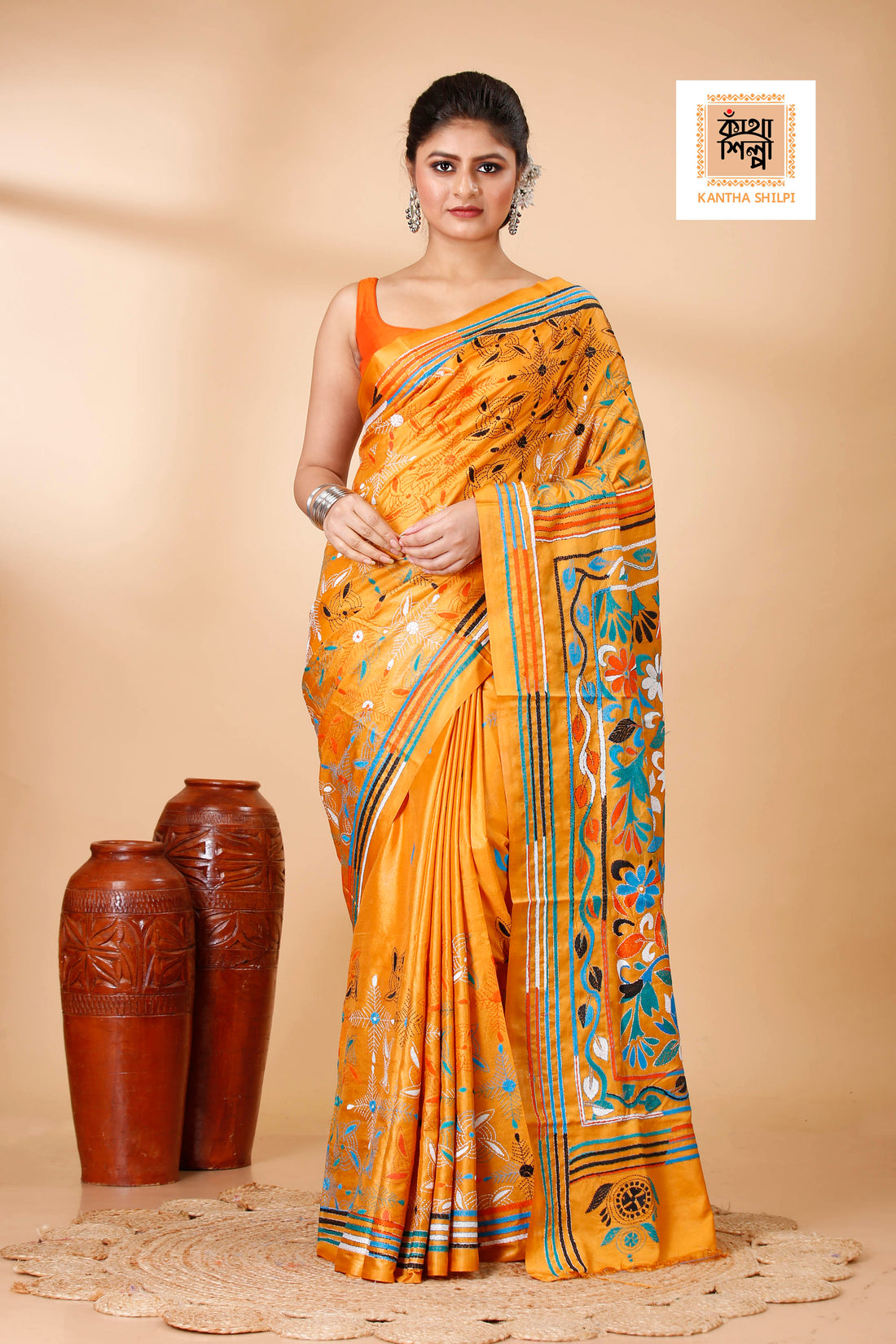 Bangalore Silk Multicolor Thread Work Kantha Stitch Saree