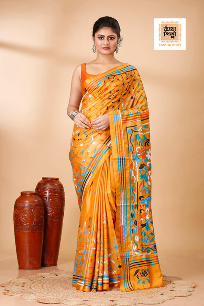 Bangalore Silk Multicolor Thread Work Kantha Stitch Saree