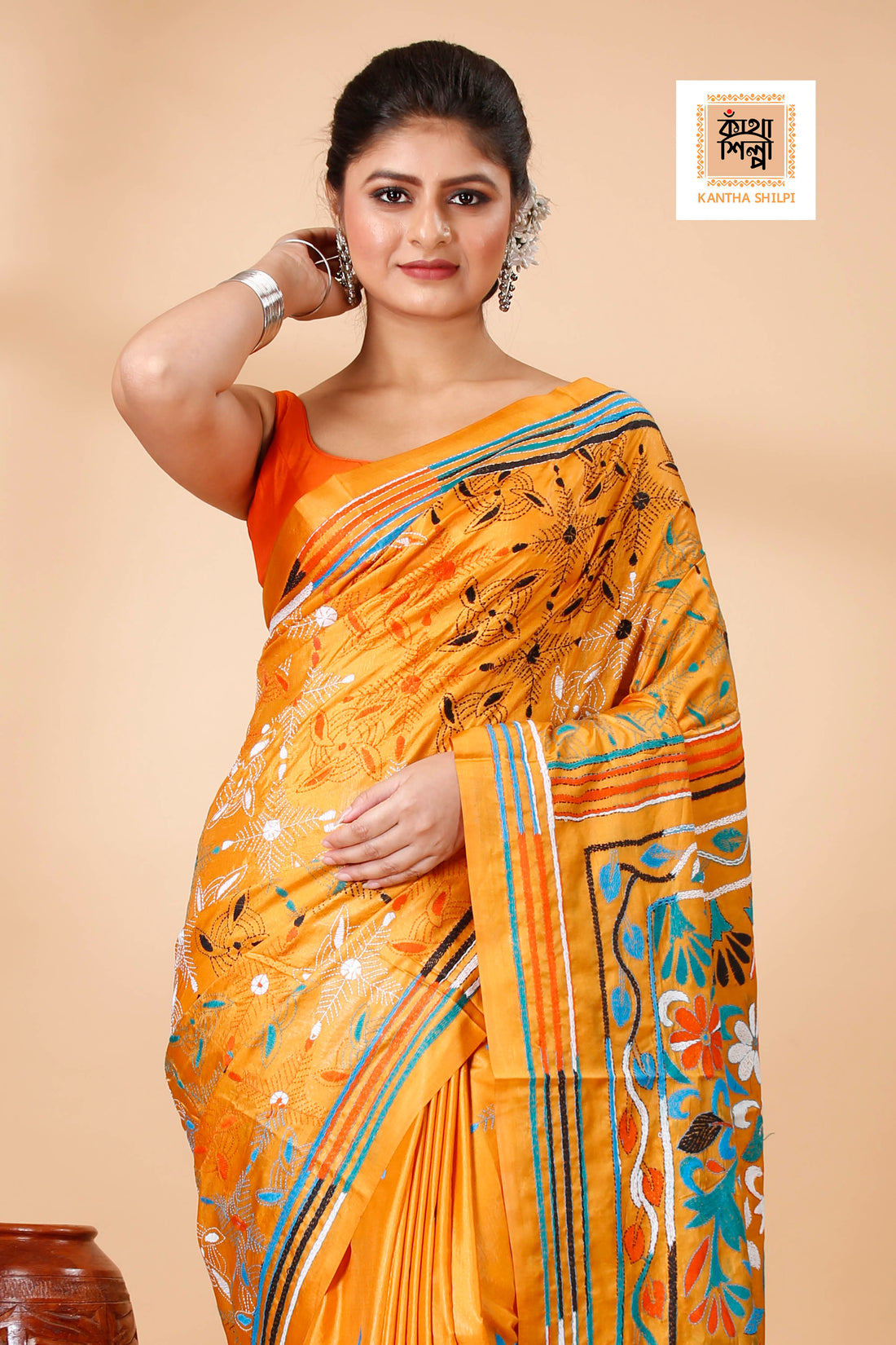 Bangalore Silk Multicolor Thread Work Kantha Stitch Saree