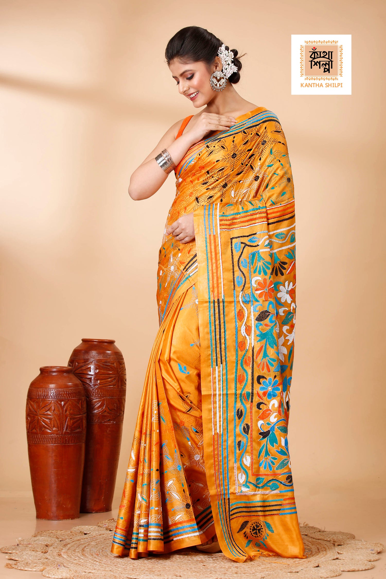 Bangalore Silk Multicolor Thread Work Kantha Stitch Saree
