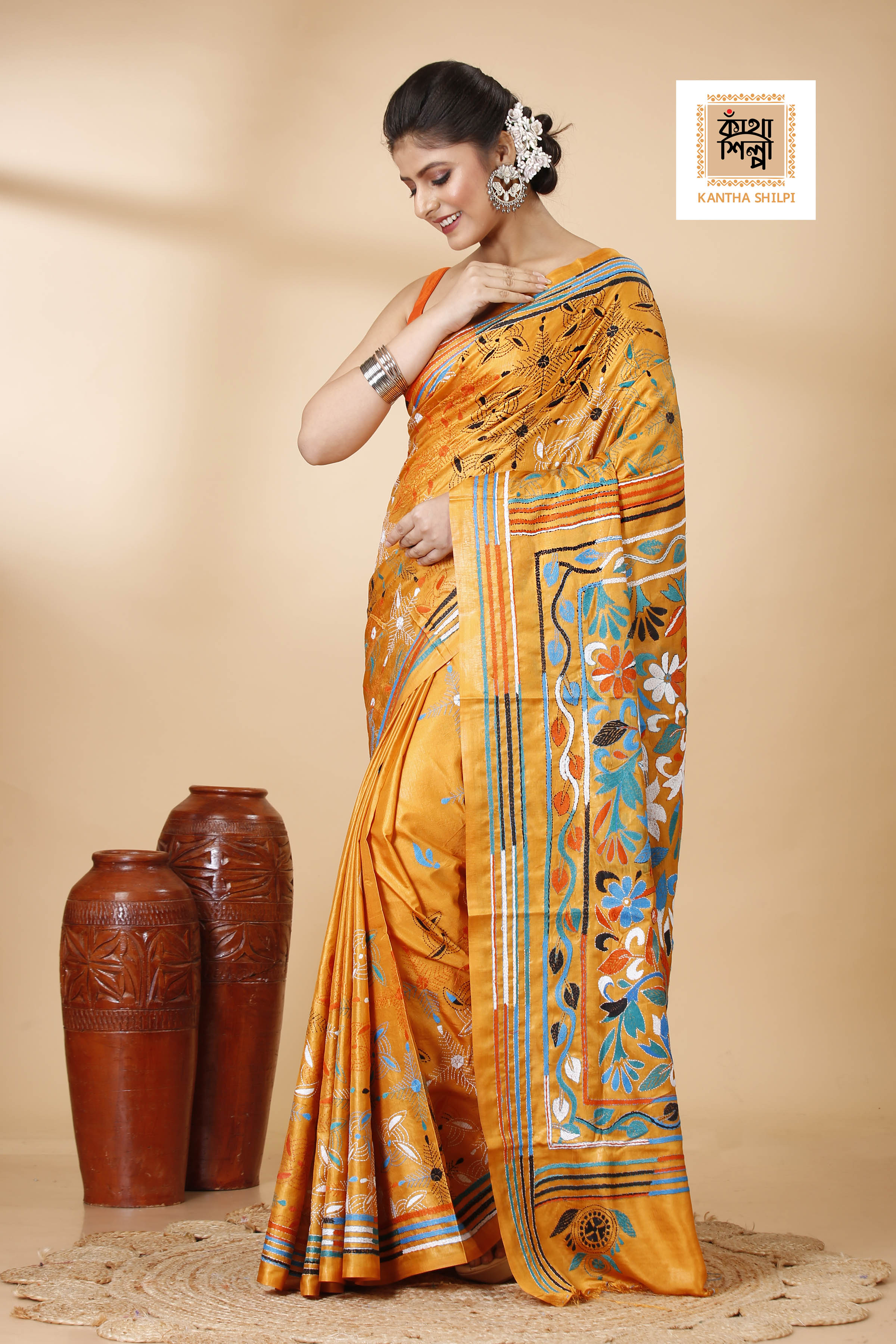 Bangalore Silk Multicolor Thread Work Kantha Stitch Saree