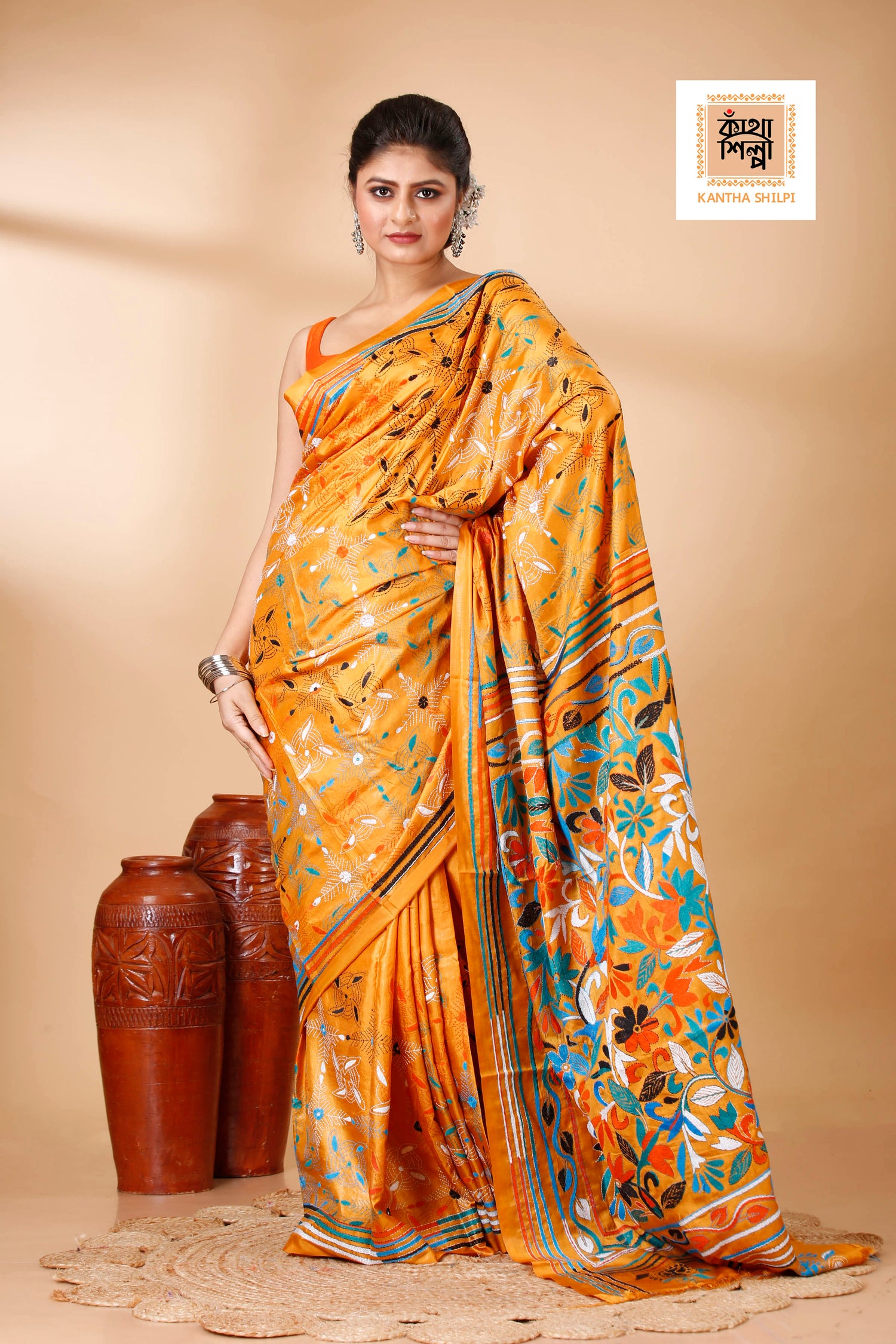 Bangalore Silk Multicolor Thread Work Kantha Stitch Saree