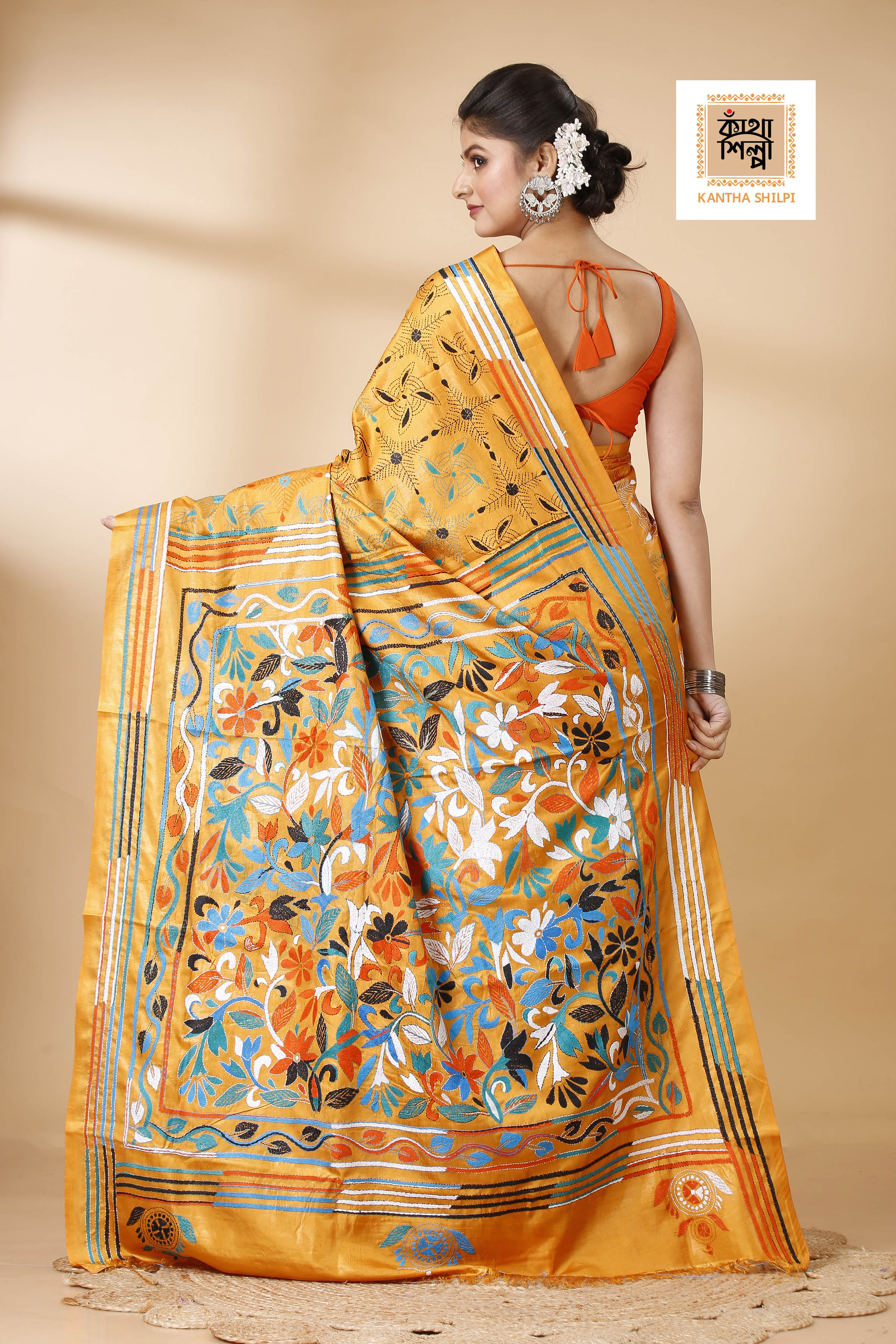 Bangalore Silk Multicolor Thread Work Kantha Stitch Saree