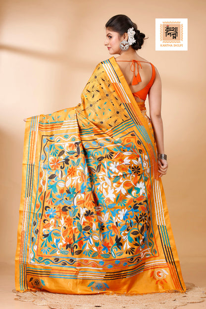 Bangalore Silk Multicolor Thread Work Kantha Stitch Saree